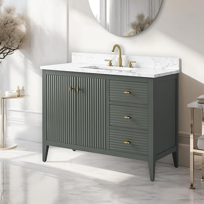 Vanity Art 42 inch Bathroom Vanity with Single Sink & Ceramic Top, Vanity Cabinet with Soft-Closing Door, Solid Wood Frame, Linear Pattern, Vintage Green, Golden Brushed Handware VA9142-VG-GB