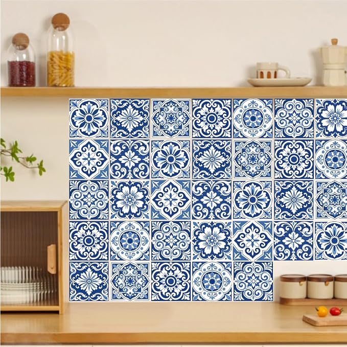 36Pcs 9 Styles Blue and White Tile Stickers 4 x 4 Inch Ceramic Tile Decals Peel and Stick Square Flower Pattern Waterproof PVC Decal for Kitchen Bathroom Backsplash Furniture DIY Home Decor
