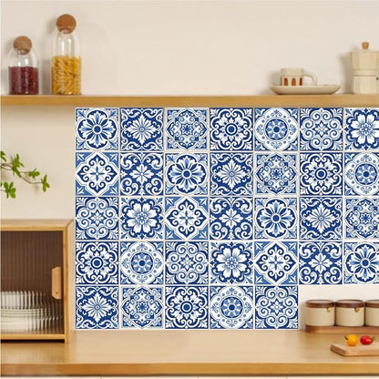 36Pcs 9 Styles Blue and White Tile Stickers 4 x 4 Inch Ceramic Tile Decals Peel and Stick Square Flower Pattern Waterproof PVC Decal for Kitchen Bathroom Backsplash Furniture DIY Home Decor