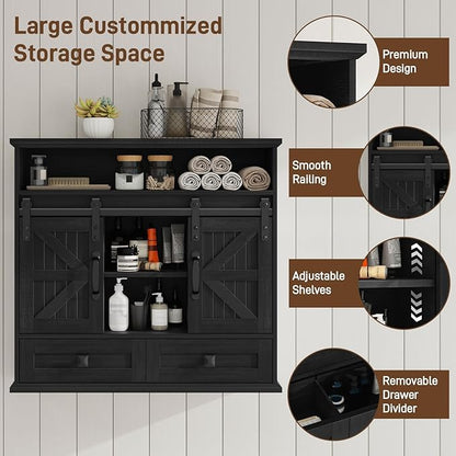 Vabches Bathroom Wall Cabinet, Farmhouse Medicine Cabinet with Double Sliding Barn Door and Storage Drawer, Wooden Vintage Storage Cabinet Wall Mounted for Bathroom, Kitchen, Rustic Black