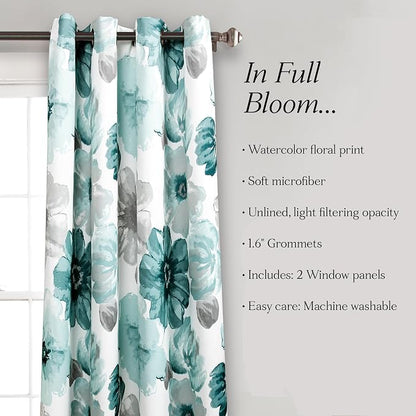 Lush Decor Leah Light Filtering Window Curtain Panels, Pair, 52" W x 95" L, Blue - Floral Drapes for Bedroom - Blue Curtains - Farmhouse Decor