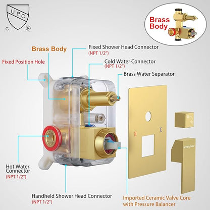 EMBATHER Brushed Gold Shower System- 10 inch Shower Faucet Sets with Rain Shower Head Hand Held Shower Head for Bathroom, Wall Mounted Square Shower Combo Set (Contain Shower Valve and Trim)
