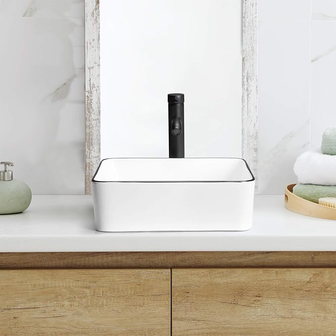 Modern 16" x 12" Rectangle Vessel Sink with Faucet, White Porcelain Above-Counter Bathroom Basin with Black Edge, Stylish Vanity Countertop Sink for Powder Room & Small Spaces