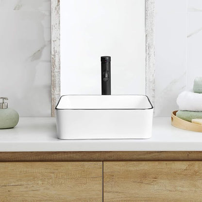 Modern 16" x 12" Rectangle Vessel Sink with Faucet, White Porcelain Above-Counter Bathroom Basin with Black Edge, Stylish Vanity Countertop Sink for Powder Room & Small Spaces