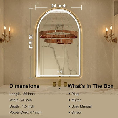 24"x36" Arched LED Bathroom Mirror, Gold Framed LED Bathroom Mirrors with Front Light and Backlit, Anti-Fog, Dimmable, 3 Colors, Memory Function, Arch Smart Vanity Mirror