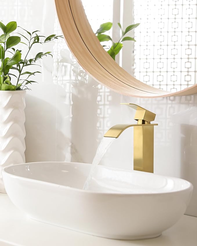 Vessel Sink Faucet Brushed Gold: ARCORA Single Hole Tall Bathroom Faucet, Single Handle Tall Waterfall Bathroom Faucet with Pop Up Drain and cUPC Supply Lines