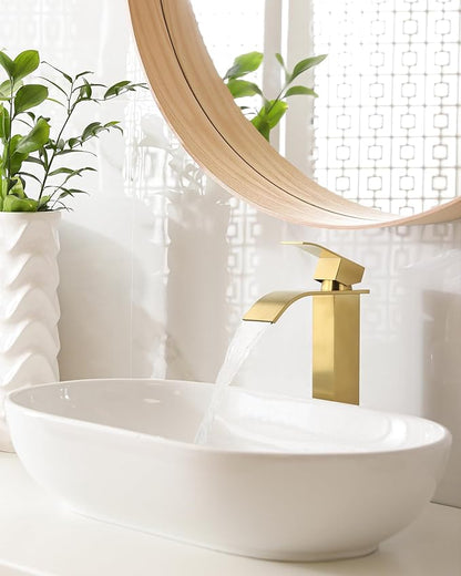 Vessel Sink Faucet Brushed Gold: ARCORA Single Hole Tall Bathroom Faucet, Single Handle Tall Waterfall Bathroom Faucet with Pop Up Drain and cUPC Supply Lines