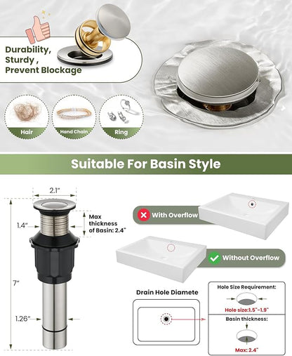 gotonovo Vessel Sink Faucet Modern Tall Bathroom Faucet Single Handle One Hole Stainless Steel Vanity Lavatory Rv Bowl Basin Mixer Tap with Supply Lines and Metal Pop Up Drain, Brushed Nickel