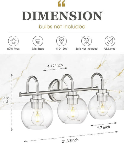 Bathroom Light Fixtures, 3-Light Brushed Nickel Vanity Lights Over Mirror with Globe Clear Glass, Modern Vanity Lighting Fixtures, AD-22280-3W-SN