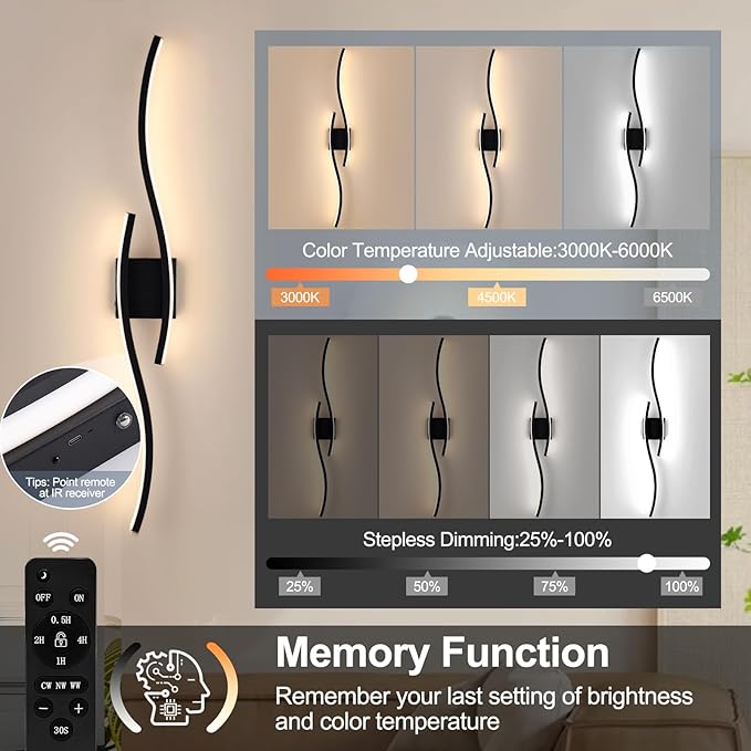 Modern LED Wall Sconce Set of Two, Dimmable Battery Powered Wall Sconces, 3000K-6500K Wireless Wall Light, Rechargeable Wall Lamp Indoor not Hardwired for Room Bedroom Corridor, 39.3in(Black)