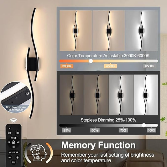 Modern LED Wall Sconce Set of Two, Dimmable Battery Powered Wall Sconces, 3000K-6500K Wireless Wall Light, Rechargeable Wall Lamp Indoor not Hardwired for Room Bedroom Corridor, 39.3in(Black)