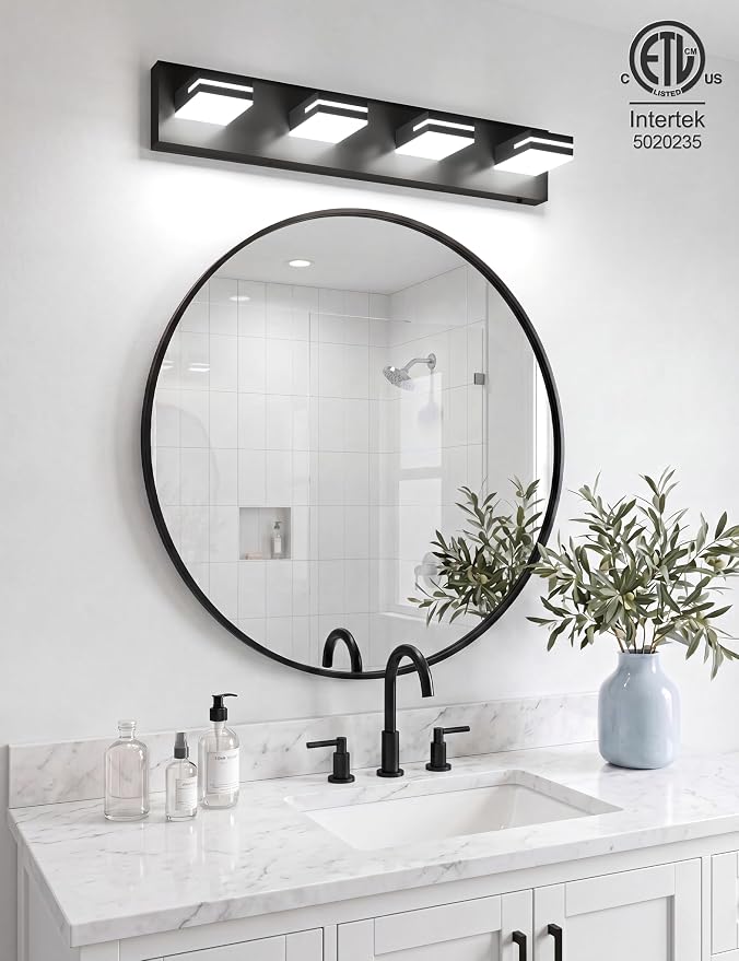 VOLISUN Modern 30-Inch Black Bathroom Vanity Light Fixtures, 4-Light, Cool White LED, Wall Mount, Touch Control
