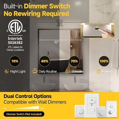 32 Inch Brushed Nickel Bathroom Vanity Light, Built-in Dimmer 2700K-6000K 1450LM LED, 360° Rotatable Bathroom Lights Over Mirror for Makeup, Shaving, Restroom, Powder Room ETL FCC