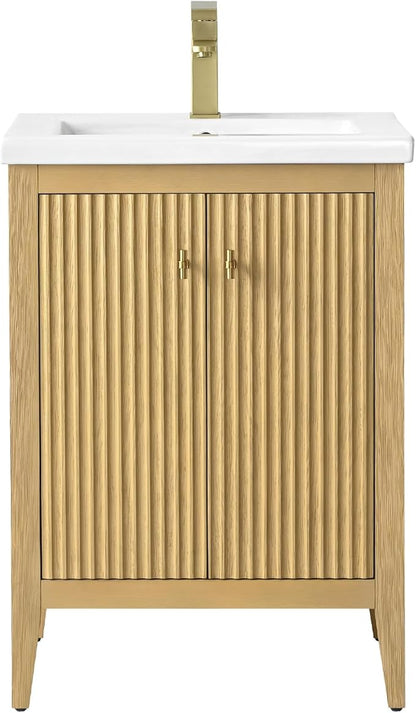 Vanity Art 24 inch Bathroom Vanity with Single Sink & Ceramic Top, Vanity Cabinet with Soft-Closing Door, Solid Wood Frame, Linear Pattern, Natural Oak, Golden Brushed Handware VA9124-NO-GB