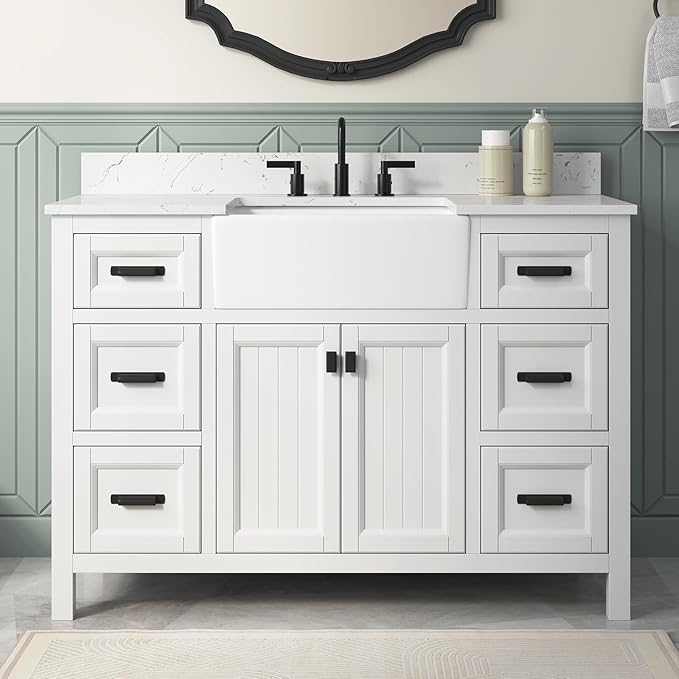 48 Inch White Bathroom Vanity with Sink, Farmhouse Bathroom Vanities Cabinet with Soft Closing Doors & Dovetail Drawers, Vanity for Bathroom with Apron Farm Sink, Solid Wooden Frame