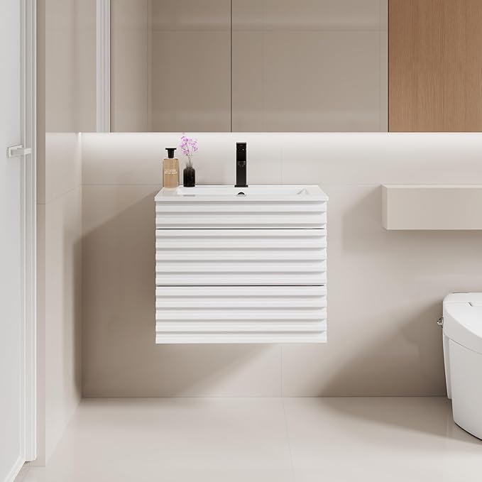 LUCKWIND 24" Floating Bathroom Vanity with Sink, Mid-Century Wall Mounted Big Drawer Cabinet with Ceramic Sink, Water Saving Faucet and Wood Stripes Style, White