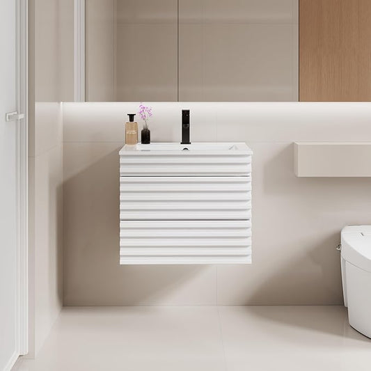 LUCKWIND 24" Floating Bathroom Vanity with Sink, Mid-Century Wall Mounted Big Drawer Cabinet with Ceramic Sink, Water Saving Faucet and Wood Stripes Style, White
