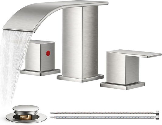 FORIOUS Waterfall Bathroom Faucets 3 Hole, 8 Inch Widespread Brushed Nickel Square Bathroom Sink Faucet with Metal Pop-up Drain and cUPC Hose, Two Handles for Vanity, RV, Farmhouse