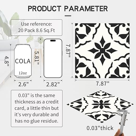 MORCART Peel and Stick Floor Tile, Self-Adhesive DIY Vinyl Flooring, Removable and Waterproof Tile Sticker for Bathroom, Kitchen, Wall, Fireplace (20PCS,7.87" x 7.87", Black Retro Design)