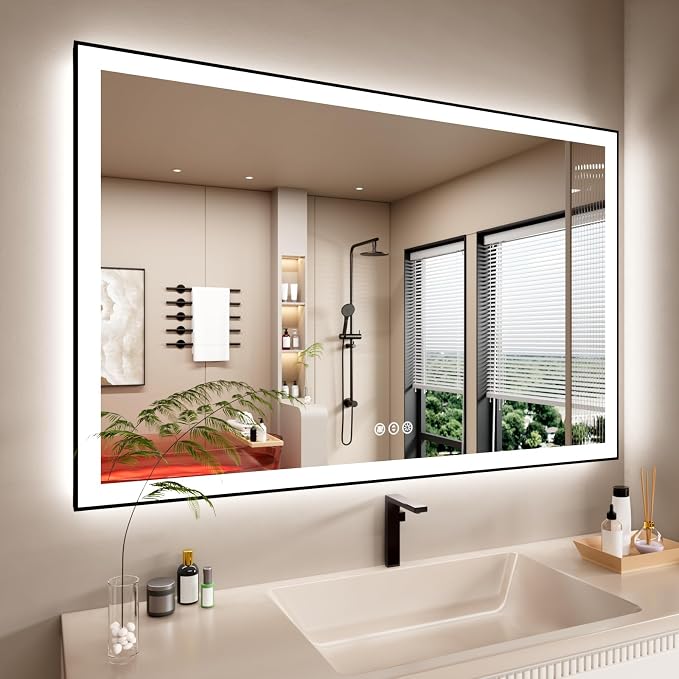 55x36 Inch LED Bathroom Mirror with Black Frame | Black Metal Frame, Front and Backlit, 3 Colors, Dimmable, Memory, Anti Fog, Tempered Glass, Lighted Mirror for Wall