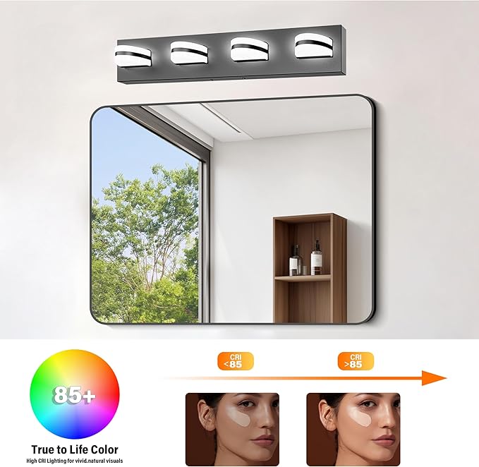 LED Dimmable Bathroom Vanity Light Fixtures, 1980LM 4 Light, Black Modern Matte Bathroom Lighting, Over Mirror Vanity Lights for Bathroom, Living Room, Bedroom ETL Certified