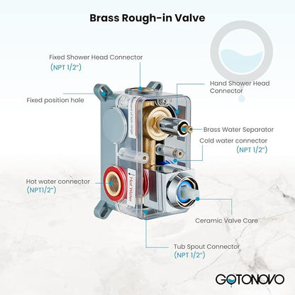 gotonovo Tub Shower Faucet Set with Valve Kit 8’’ Head,Polished Chrome | Shower System with Tub Spout,SUS304 Rain Head with Handheld Sprayer,Swivel Spout,All Metal,Rough-In Valve Trim Kit,Wall Mount