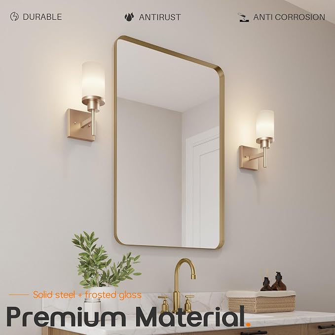 Vanity Lighting Fixtures with White Frosted Glass Shade, Champagne Bronze Wall Lamps for Bathroom Mirror Bedroom Living Room Porch, 2 Pack T001CPG-L1-P2
