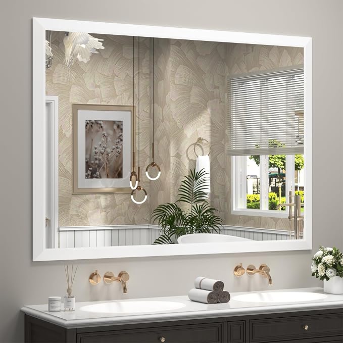 SMIROR 55x40 Matte White Bathroom Vanity Mirror for Over Sink | Metal Wide Frame, Rectangle, Right- Angle Corner, Anti-Rust, Horizontally or Vertically Wall- Mounted for Home Remodel