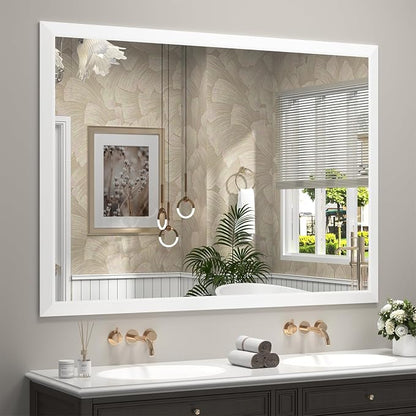 SMIROR 55x40 Matte White Bathroom Vanity Mirror for Over Sink | Metal Wide Frame, Rectangle, Right- Angle Corner, Anti-Rust, Horizontally or Vertically Wall- Mounted for Home Remodel