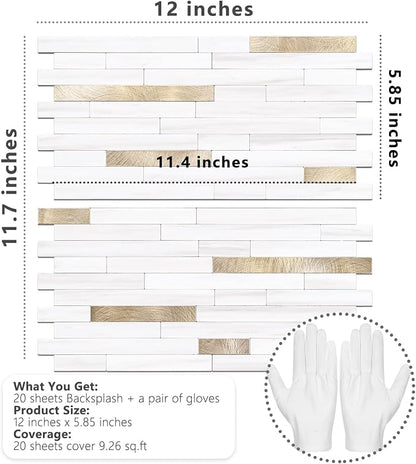 STICKGOO 20 Sheets Peel and Stick Backsplash Tile, Stick on Backsplash for Kitchen and Bathroom, Dolomite White Marble Look PVC Mixed Metal Gold Self Adhesive Wall Tiles