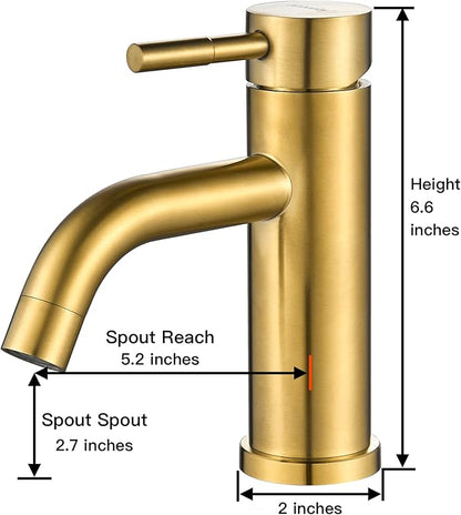 Modern Single Handle Bathroom Faucet Single Hole Brushed Gold Bathroom Sink Faucet Stainless Steel Commercial Basin Faucet (Brushed Gold No Drain)
