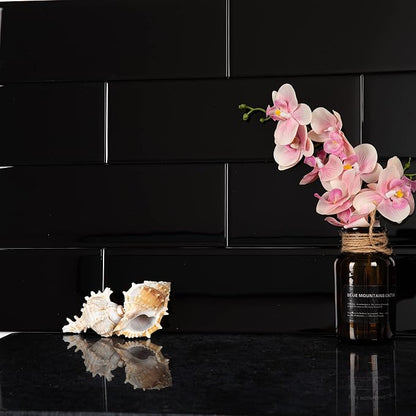 Black Glass Subway Tile 4 x 12 Inch for Kitchen Backsplash Bathroom Shower Wall Pack of 12 Pcs 4 sq.ft