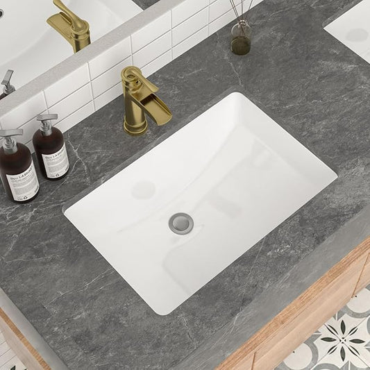 Mocoloo Undermount Bathroom Sink 21x14 Inch White Bathroom Ceramic Sink Undermount Rectangular Vanity Sinks White Porcelain Lavatory Hand Basin Under Counter with Overflow Drain