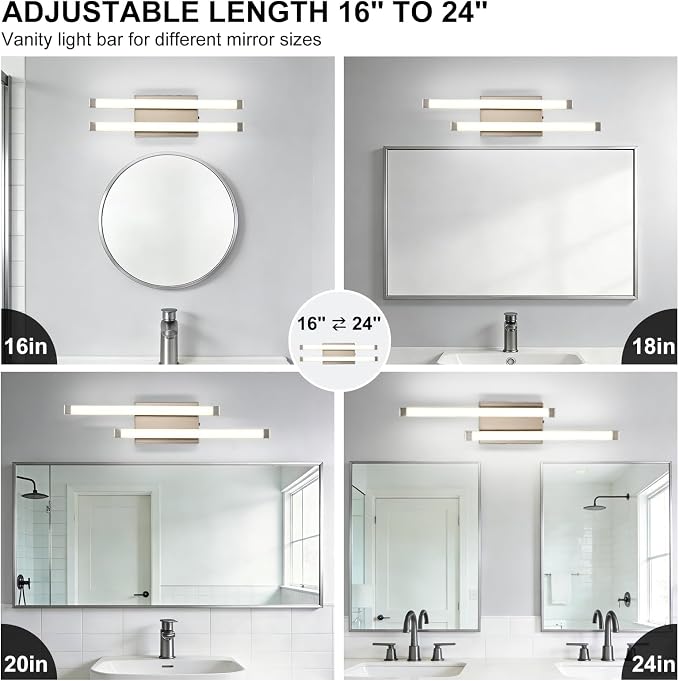 Bathroom Vanity Light Bar, 24 Inch 18W 3CCT Dimmable Modern LED Vanity Wall Light, Brushed Nickel Acrylic Hardwired Bathroom Light Fixtures over Mirror, Powder Room, Hallway, Washroom, Bath Entryway