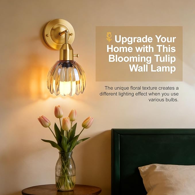 Vintage Wall Sconces with Cute Amber Tulip Glass Lampshade, Brass Sconces Hradwired Modern Wall Mounted Light Fixtures with Switch for Bedside Bedroom Living Room Wall Decor
