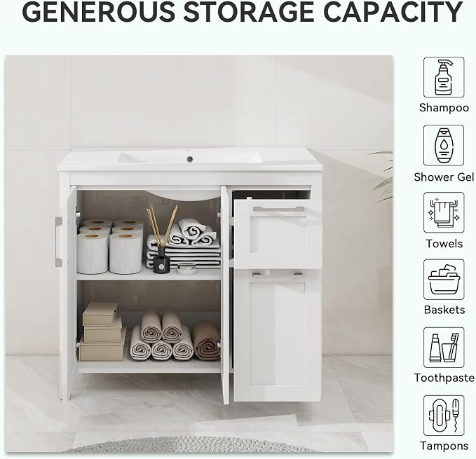 YOURLITE Bathroom Vanity, 36" Modern White Bathroom Cabinet