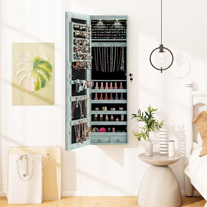 LDAILY Moccha Wall Door Jewelry Armoire, 47.5" H Full Length Mirrored Jewelry Cabinet with 2 LED Lights and 2 Drawers, Lockable Jewelry Cabinet, Jewelry Organizer Storage for Bedroom (Weathered Blue)