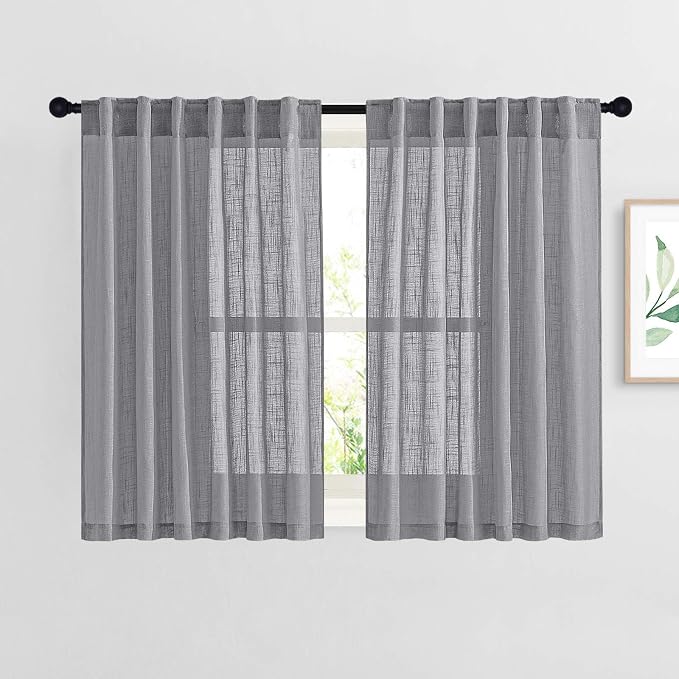 NICETOWN Bathroom Window Curtains 45 inch Length, Natural Linen Textured Rod Pocket & Back Tab Semi Sheer Short Curtains Privacy with Light Through for Bedroom/Living Room, 52" Wide, Grey