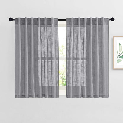 NICETOWN Bathroom Window Curtains 45 inch Length, Natural Linen Textured Rod Pocket & Back Tab Semi Sheer Short Curtains Privacy with Light Through for Bedroom/Living Room, 52" Wide, Grey