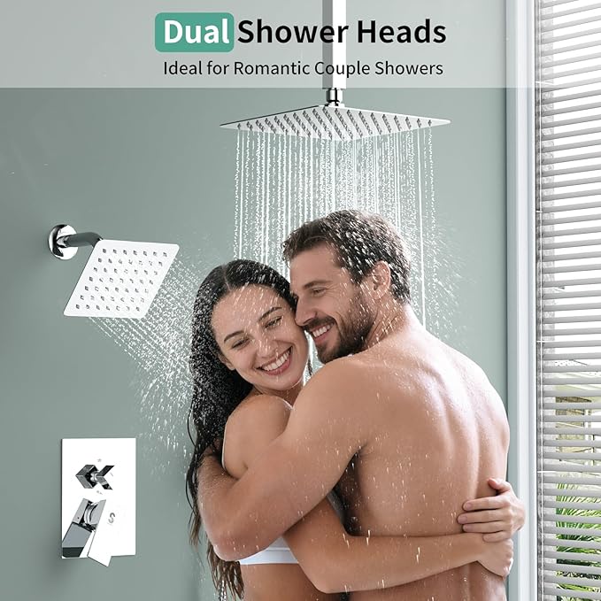Shower Faucet Set Shower System - SR SUN RISE Polished Chrome Shower Trim Kit with Dual Shower Head, 10'' Ceiling Rainfall 6'' Wall Mount with Handheld Shower for Couples, Complete 6 Diverter Valve