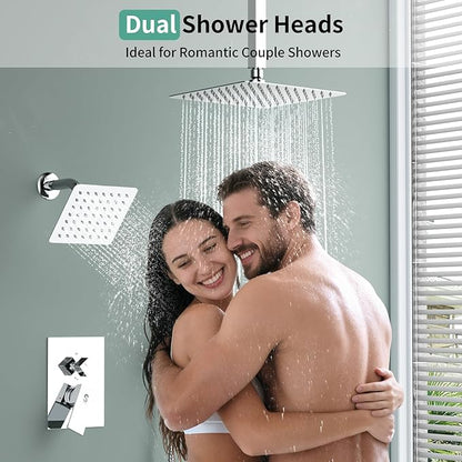 Shower Faucet Set Shower System - SR SUN RISE Polished Chrome Shower Trim Kit with Dual Shower Head, 10'' Ceiling Rainfall 6'' Wall Mount with Handheld Shower for Couples, Complete 6 Diverter Valve