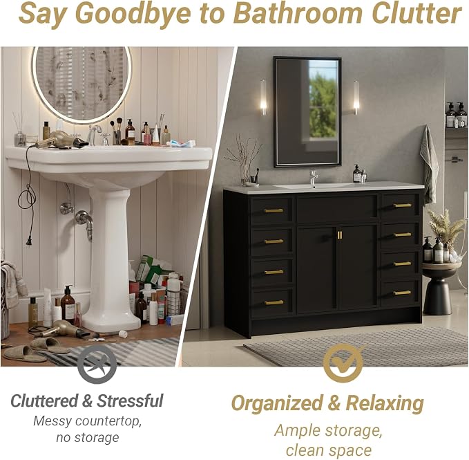 48 Inch Freestanding Bathroom Vanity with Sink, Shaker Style Black Cabinet with 8 Drawers & Double Doors, Waterproof Lacquer Finish, Maximum Multi-Drawer Storage for Master Bathroom
