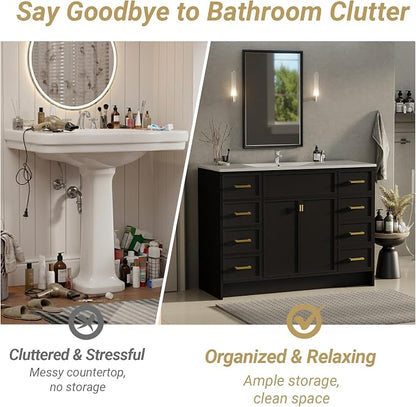 48 Inch Freestanding Bathroom Vanity with Sink, Shaker Style Black Cabinet with 8 Drawers & Double Doors, Waterproof Lacquer Finish, Maximum Multi-Drawer Storage for Master Bathroom