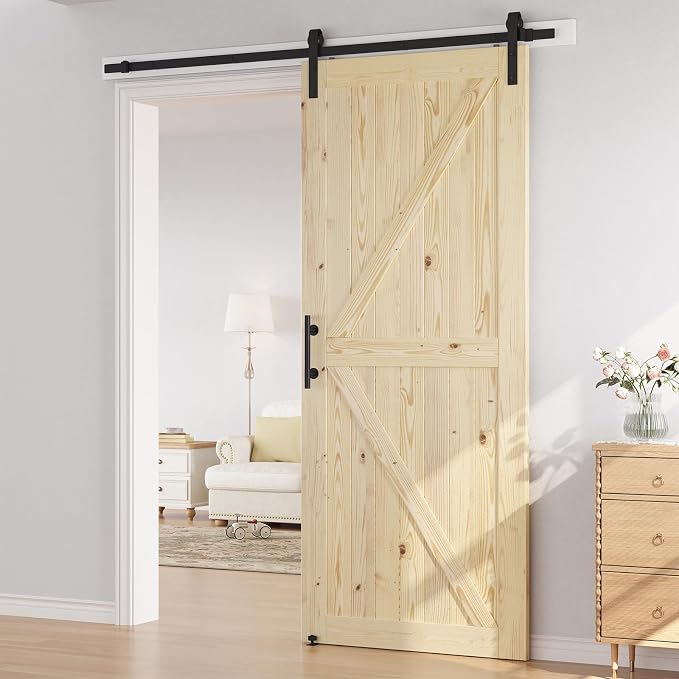 SMARTSTANDARD 42in x 96in Sliding Barn Door with 7ft Hardware Kit Included | Fit Opening up to 38"x94", Unfinished Solid Spruce Wood Door, Assembly Required DIY,Stainable,Natural