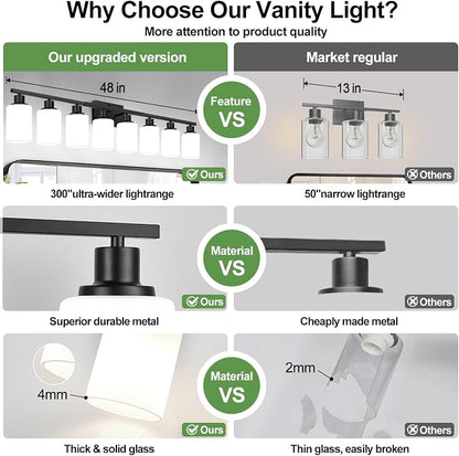 Indoi 8-Light Bathroom Light Fixtures, Matte Black Modern Vanity Lights with Milky White Shades, Bathroom Wall Lamp for Mirror Living Room Cabinet Bedroom Porch