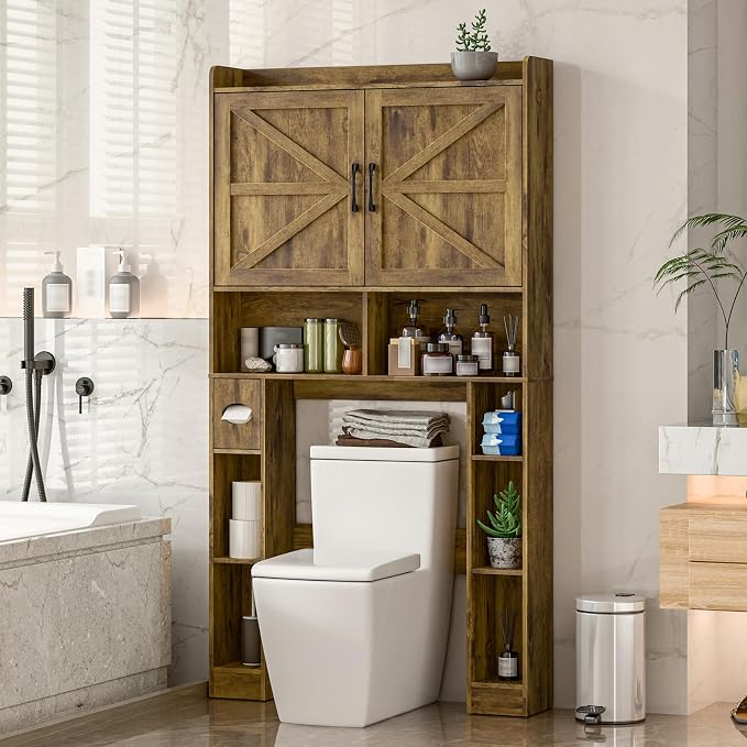 Vabches Over The Toilet Storage Cabinet with Barn Doors, Brown | Toilet Cabinet Rack, Space Saving Bathroom Organizer with Shelves, Toilet Paper Holder and Towel Rack for Bathroom,Laundry.