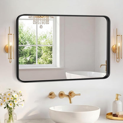 Sweetcrispy Bathroom Mirror 40x24 Inch, Vanity Mirror for Wall | Metal Framed Rounded Rectangle, Over Sink, Farmhouse, Restroom, Anti-Rust, Horizontal or Vertical Hanging, Black