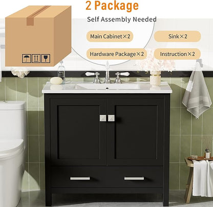 72" Black Bathroom Vanity with Double Sink, 72 Inch Bathroom Vanity Set with Double Vanities (Separate), 2 Bathroom Vanities with Sink, Storage Shelf, and Divided Drawers (Mirror not included)