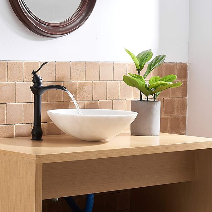 BWE Matte Black Vessel Sink Faucet Waterfall Single Hole Handle with Pop Up Drain Stopper Assembly and Supply Hose Bathroom Faucet Vanity Lavatory Mixer Tap Tall Body