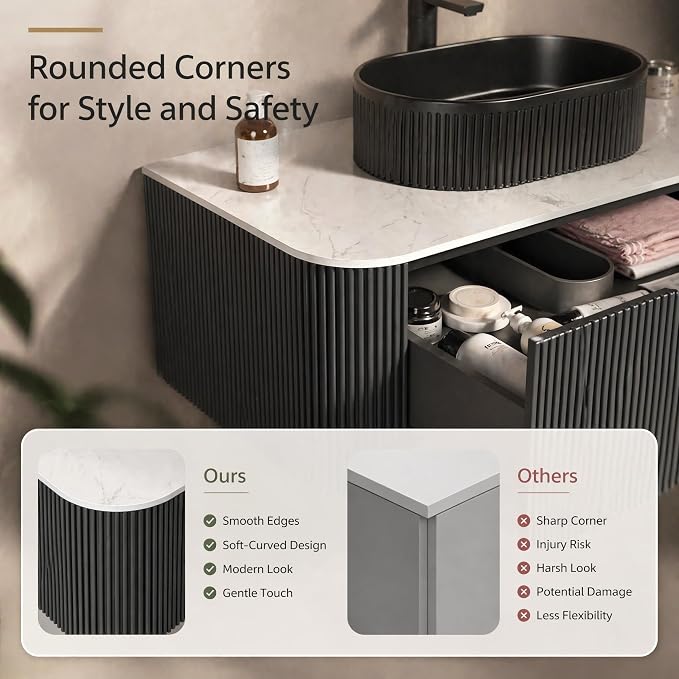 36 Inch Bathroom Vanity with Sink, Floating Wall Mounted Single Sink Vanity, Black Curved Fluted Front, Stone Top, Black Textured Oval Vessel Basin, Pre-Assembled
